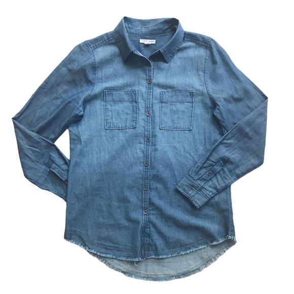 Melrose&Market Collared Raw Hem Chambray Shirt XXS - Picture 3 of 7